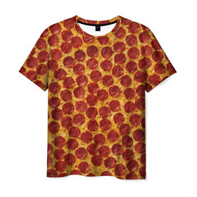 Мужская футболка 3D с принтом Пицца пепперони в Кировске, 100% полиэфир | прямой крой, круглый вырез горловины, длина до линии бедер | Тематика изображения на принте: pepperoni | pizza | еда | колбаса | мясо | пица | сардельки | сыр | фастфуд