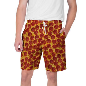 Мужские шорты 3D с принтом Пицца пепперони в Кировске,  полиэстер 100% | прямой крой, два кармана без застежек по бокам. Мягкая трикотажная резинка на поясе, внутри которой широкие завязки. Длина чуть выше колен | Тематика изображения на принте: pepperoni | pizza | еда | колбаса | мясо | пица | сардельки | сыр | фастфуд