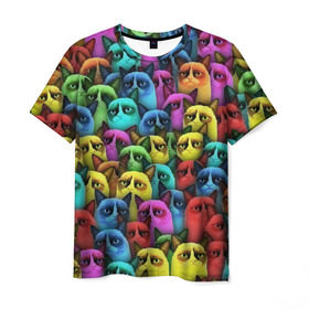 Мужская футболка 3D с принтом Разноцветные сердитые коты в Кировске, 100% полиэфир | прямой крой, круглый вырез горловины, длина до линии бедер | cat | grumpy | грустный | злой | кот | кошка | мем | паттерн | радуга