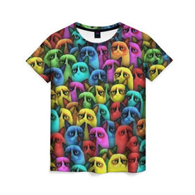 Женская футболка 3D с принтом Разноцветные сердитые коты в Кировске, 100% полиэфир ( синтетическое хлопкоподобное полотно) | прямой крой, круглый вырез горловины, длина до линии бедер | cat | grumpy | грустный | злой | кот | кошка | мем | паттерн | радуга