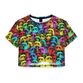 Женская футболка 3D укороченная с принтом Разноцветные сердитые коты в Кировске, 100% полиэстер | круглая горловина, длина футболки до линии талии, рукава с отворотами | cat | grumpy | грустный | злой | кот | кошка | мем | паттерн | радуга