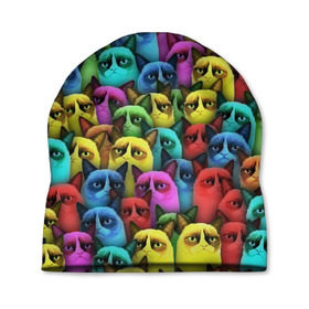Шапка 3D с принтом Разноцветные сердитые коты в Кировске, 100% полиэстер | универсальный размер, печать по всей поверхности изделия | cat | grumpy | грустный | злой | кот | кошка | мем | паттерн | радуга
