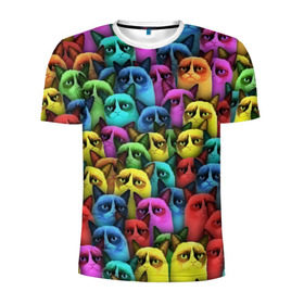 Мужская футболка 3D спортивная с принтом Разноцветные сердитые коты в Кировске, 100% полиэстер с улучшенными характеристиками | приталенный силуэт, круглая горловина, широкие плечи, сужается к линии бедра | cat | grumpy | грустный | злой | кот | кошка | мем | паттерн | радуга