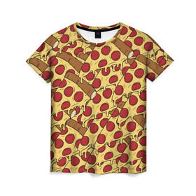 Женская футболка 3D с принтом Pizza в Кировске, 100% полиэфир ( синтетическое хлопкоподобное полотно) | прямой крой, круглый вырез горловины, длина до линии бедер | cheese | fast food | food | junk food | pizza | еда | пицца | сыр | фастфут