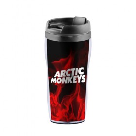Термокружка-непроливайка с принтом Arctic Monkeys в Кировске, внутренняя часть — пищевой пластик, наружная часть — прозрачный пластик, между ними — полиграфическая вставка с рисунком | объем — 350 мл, герметичная крышка | 