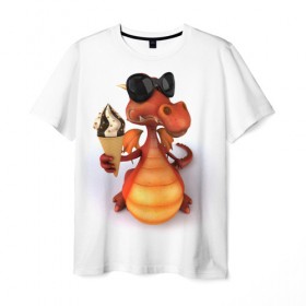 Мужская футболка 3D с принтом Добрый дракон в Кировске, 100% полиэфир | прямой крой, круглый вырез горловины, длина до линии бедер | дракон | дракончик | змей | мороженное | чудовище | ящерица