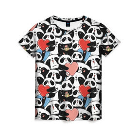 Женская футболка 3D с принтом Funny Panda в Кировске, 100% полиэфир ( синтетическое хлопкоподобное полотно) | прямой крой, круглый вырез горловины, длина до линии бедер | bear | heart | positive | медведь | мишка | орнамент | панда | подарок | позитив | сердечки | сердце | сюрприз | узор
