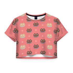 Женская футболка 3D укороченная с принтом Cookie Cat в Кировске, 100% полиэстер | круглая горловина, длина футболки до линии талии, рукава с отворотами | 