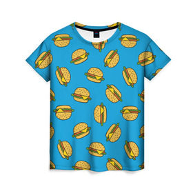 Женская футболка 3D с принтом Бургеры в Кировске, 100% полиэфир ( синтетическое хлопкоподобное полотно) | прямой крой, круглый вырез горловины, длина до линии бедер | burger | fast food | food | pattern | бургер | еда | паттерн | фастфуд