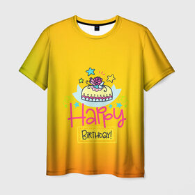 Мужская футболка 3D с принтом С днем рождения! в Кировске, 100% полиэфир | прямой крой, круглый вырез горловины, длина до линии бедер | birthday | happy | день рождения | подарки | праздник | свечи | торт