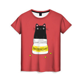 Женская футболка 3D с принтом Аntidepressant в Кировске, 100% полиэфир ( синтетическое хлопкоподобное полотно) | прямой крой, круглый вырез горловины, длина до линии бедер | antidepressant | cat | кот | коты | кошка | милый | с котами | с надписью | с приколом | черный кот