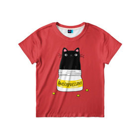 Детская футболка 3D с принтом Аntidepressant в Кировске, 100% гипоаллергенный полиэфир | прямой крой, круглый вырез горловины, длина до линии бедер, чуть спущенное плечо, ткань немного тянется | antidepressant | cat | кот | коты | кошка | милый | с котами | с надписью | с приколом | черный кот