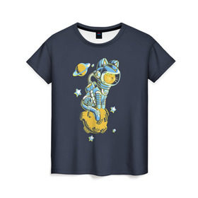 Женская футболка 3D с принтом Кот космонавт в Кировске, 100% полиэфир ( синтетическое хлопкоподобное полотно) | прямой крой, круглый вырез горловины, длина до линии бедер | 