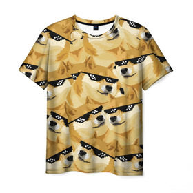 Мужская футболка 3D с принтом Doge мем в deal with it очках в Кировске, 100% полиэфир | прямой крой, круглый вырез горловины, длина до линии бедер | deal with it очки | doge | meme | мем | мемы | сиба ину | сиба ину мем