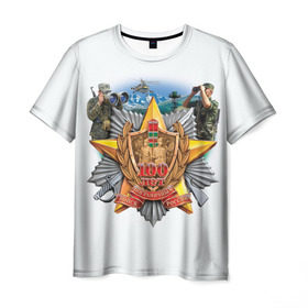 Мужская футболка 3D с принтом 100 лет пограничным войскам в Кировске, 100% полиэфир | прямой крой, круглый вырез горловины, длина до линии бедер | Тематика изображения на принте: армия | погранвойска | пограничники