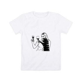 Детская футболка хлопок с принтом Котик и Вино в Кировске, 100% хлопок | круглый вырез горловины, полуприлегающий силуэт, длина до линии бедер | Тематика изображения на принте: винчик | выпьем за любовь | женщина | кот