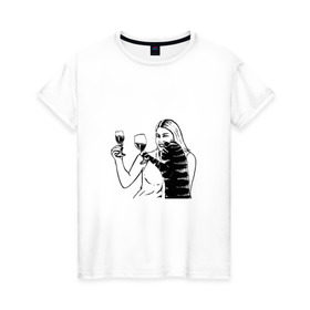 Женская футболка хлопок с принтом Котик и Вино в Кировске, 100% хлопок | прямой крой, круглый вырез горловины, длина до линии бедер, слегка спущенное плечо | Тематика изображения на принте: винчик | выпьем за любовь | женщина | кот
