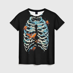Женская футболка 3D с принтом Ребра из Воды в Кировске, 100% полиэфир ( синтетическое хлопкоподобное полотно) | прямой крой, круглый вырез горловины, длина до линии бедер | анатомия | вода | океан | рыбы | скелет