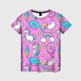 Женская футболка 3D с принтом Котики и Единороги в Кировске, 100% полиэфир ( синтетическое хлопкоподобное полотно) | прямой крой, круглый вырез горловины, длина до линии бедер | единорог | мороженое | пони | пончики | радуга | розовый