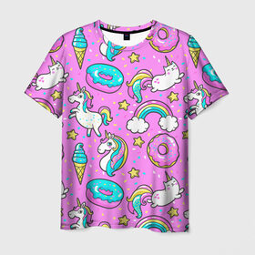 Мужская футболка 3D с принтом Котики и Единороги в Кировске, 100% полиэфир | прямой крой, круглый вырез горловины, длина до линии бедер | Тематика изображения на принте: единорог | мороженое | пони | пончики | радуга | розовый