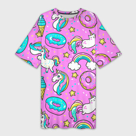 Платье-футболка 3D с принтом Котики и Единороги в Кировске,  |  | Тематика изображения на принте: единорог | мороженое | пони | пончики | радуга | розовый