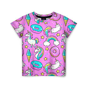 Детская футболка 3D с принтом Котики и Единороги в Кировске, 100% гипоаллергенный полиэфир | прямой крой, круглый вырез горловины, длина до линии бедер, чуть спущенное плечо, ткань немного тянется | единорог | мороженое | пони | пончики | радуга | розовый
