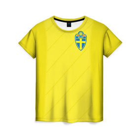 Женская футболка 3D с принтом Швеция домашняя форма ЧМ 2018 в Кировске, 100% полиэфир ( синтетическое хлопкоподобное полотно) | прямой крой, круглый вырез горловины, длина до линии бедер | домашняя форма | сборная швеции | футбол | футбольная форма | швеция
