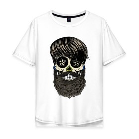 Мужская футболка хлопок Oversize с принтом Сахарный череп с бородой в Кировске, 100% хлопок | свободный крой, круглый ворот, “спинка” длиннее передней части | бородатый | день мертвых | сахарный череп | хелловин | хипстер