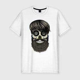 Мужская футболка премиум с принтом Сахарный череп с бородой в Кировске, 92% хлопок, 8% лайкра | приталенный силуэт, круглый вырез ворота, длина до линии бедра, короткий рукав | бородатый | день мертвых | сахарный череп | хелловин | хипстер