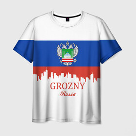Мужская футболка 3D с принтом GROZNY (Грозный) в Кировске, 100% полиэфир | прямой крой, круглый вырез горловины, длина до линии бедер | chechnya | grozny | герб | город | грозный | кавказ | кавказец | кадыров | надпись | патриот | республика | северный | флаг | флага | цвета | чех | чечен | чеченец | чеченка | чеченская | чечня