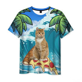 Мужская футболка 3D с принтом Сёрфинг на Пицце в Кировске, 100% полиэфир | прямой крой, круглый вырез горловины, длина до линии бедер | cat | palm | pizza | surfing | wave | волна | животное | кот | пальмы | пицца | серфинг