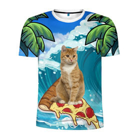 Мужская футболка 3D спортивная с принтом Сёрфинг на Пицце в Кировске, 100% полиэстер с улучшенными характеристиками | приталенный силуэт, круглая горловина, широкие плечи, сужается к линии бедра | cat | palm | pizza | surfing | wave | волна | животное | кот | пальмы | пицца | серфинг