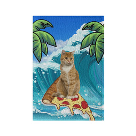 Обложка для паспорта матовая кожа с принтом Сёрфинг на Пицце в Кировске, натуральная матовая кожа | размер 19,3 х 13,7 см; прозрачные пластиковые крепления | cat | palm | pizza | surfing | wave | волна | животное | кот | пальмы | пицца | серфинг