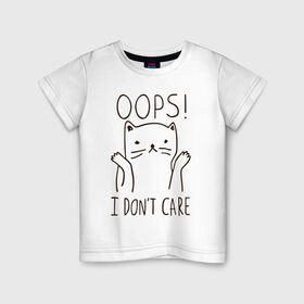 Детская футболка хлопок с принтом I don`t care в Кировске, 100% хлопок | круглый вырез горловины, полуприлегающий силуэт, длина до линии бедер | cat | swag | кот