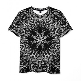 Мужская футболка 3D с принтом Белый узор на черном в Кировске, 100% полиэфир | прямой крой, круглый вырез горловины, длина до линии бедер | абстракт | орнамент | паттерн | узор | чб