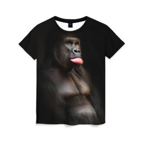Женская футболка 3D с принтом Горилла в Кировске, 100% полиэфир ( синтетическое хлопкоподобное полотно) | прямой крой, круглый вырез горловины, длина до линии бедер | горилла | животные | обезьяна | прикол | природа | смешно | юмор | язык