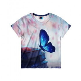 Детская футболка 3D с принтом Волшебная бабочка в Кировске, 100% гипоаллергенный полиэфир | прямой крой, круглый вырез горловины, длина до линии бедер, чуть спущенное плечо, ткань немного тянется | бабочка | волшебная бабочка | голубая бабочка | книги | насекомая | насекомое | пыльца | синея бабочка