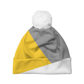 Шапка 3D c помпоном с принтом Серый, желтый, белый-идеальное сочетание! в Кировске, 100% полиэстер | универсальный размер, печать по всей поверхности изделия | 