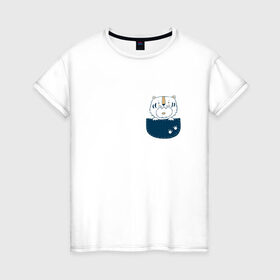 Женская футболка хлопок с принтом Кот в кармане в Кировске, 100% хлопок | прямой крой, круглый вырез горловины, длина до линии бедер, слегка спущенное плечо | 