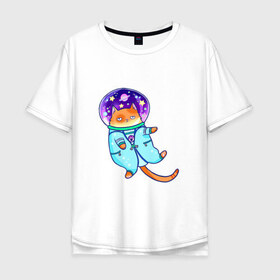 Мужская футболка хлопок Oversize с принтом Кот и космос в Кировске, 100% хлопок | свободный крой, круглый ворот, “спинка” длиннее передней части | звезды | космонавт | космос | кот