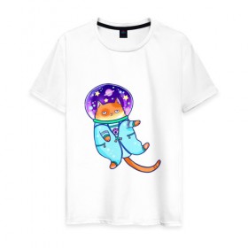 Мужская футболка хлопок с принтом Кот и космос в Кировске, 100% хлопок | прямой крой, круглый вырез горловины, длина до линии бедер, слегка спущенное плечо. | звезды | космонавт | космос | кот