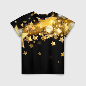 Детская футболка 3D с принтом Золотые звездочки в Кировске, 100% гипоаллергенный полиэфир | прямой крой, круглый вырез горловины, длина до линии бедер, чуть спущенное плечо, ткань немного тянется | 3d | звездочки | звезды | золото | золотые звездочки | картинка | черный фон