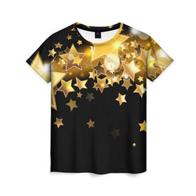 Женская футболка 3D с принтом Золотые звездочки в Кировске, 100% полиэфир ( синтетическое хлопкоподобное полотно) | прямой крой, круглый вырез горловины, длина до линии бедер | 3d | звездочки | звезды | золото | золотые звездочки | картинка | черный фон