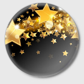 Значок с принтом Золотые звездочки в Кировске,  металл | круглая форма, металлическая застежка в виде булавки | 3d | звездочки | звезды | золото | золотые звездочки | картинка | черный фон
