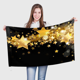 Флаг 3D с принтом Золотые звездочки в Кировске, 100% полиэстер | плотность ткани — 95 г/м2, размер — 67 х 109 см. Принт наносится с одной стороны | 3d | звездочки | звезды | золото | золотые звездочки | картинка | черный фон
