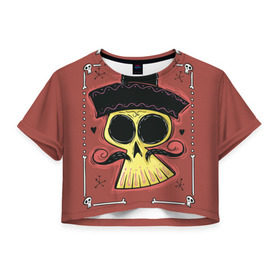 Женская футболка 3D укороченная с принтом Dia de los Muertos в Кировске, 100% полиэстер | круглая горловина, длина футболки до линии талии, рукава с отворотами | череп