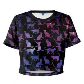Женская футболка 3D укороченная с принтом Космические Коты в Кировске, 100% полиэстер | круглая горловина, длина футболки до линии талии, рукава с отворотами | звезды | космос | кот | котик | паттерн