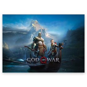 Поздравительная открытка с принтом God of War в Кировске, 100% бумага | плотность бумаги 280 г/м2, матовая, на обратной стороне линовка и место для марки
 | Тематика изображения на принте: atreus | god of war | god of war 4 | gow | kratos | ps4 | атрей | бог войны | гов | зы4 | кратос | левиафан | мальчик | мимир | мировой змей | пиратs | эксклюзив