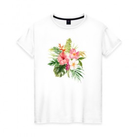 Женская футболка хлопок с принтом Букет цветов в Кировске, 100% хлопок | прямой крой, круглый вырез горловины, длина до линии бедер, слегка спущенное плечо | цветы