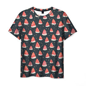 Мужская футболка 3D с принтом Tropical melon dark в Кировске, 100% полиэфир | прямой крой, круглый вырез горловины, длина до линии бедер | Тематика изображения на принте: арбуз